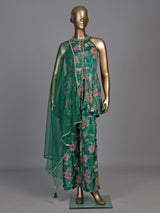 Green organza silk floral suit with mirror work palazzo