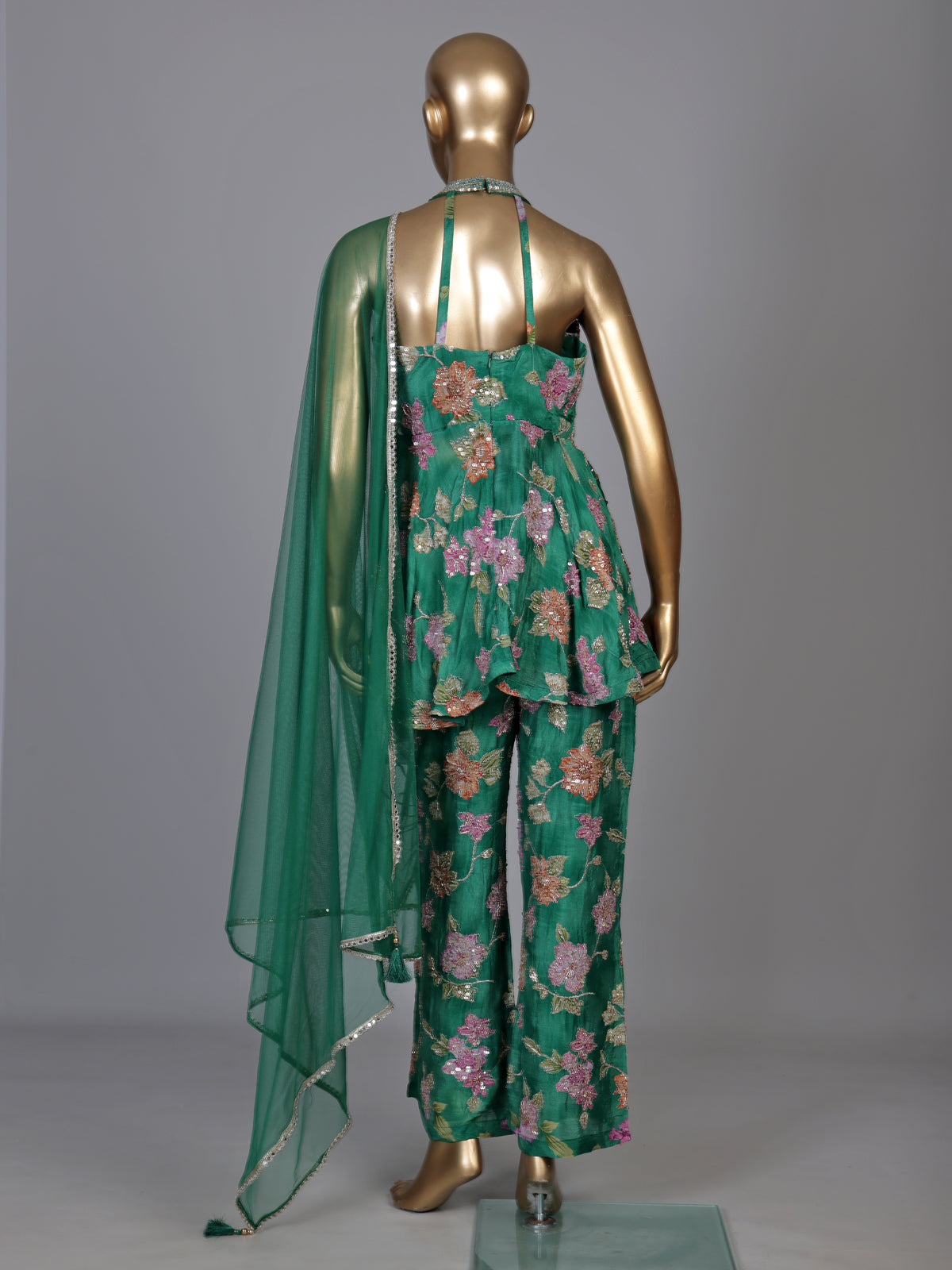 Green organza silk floral suit with mirror work palazzo
