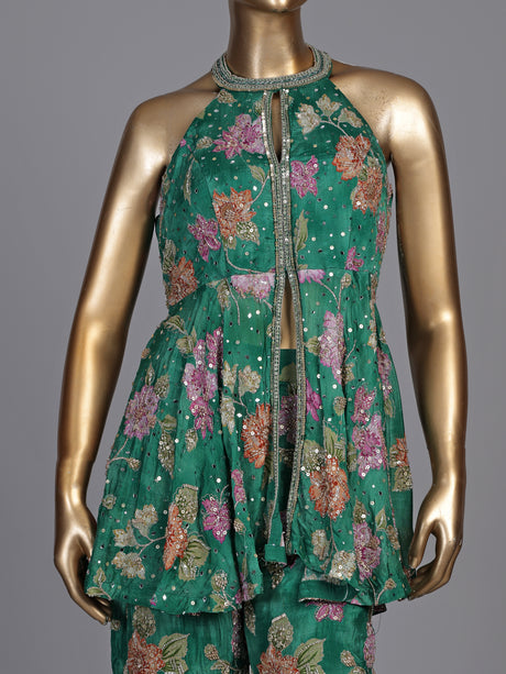 Green organza silk floral suit with mirror work palazzo