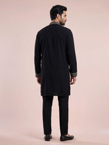 Black cotton blend kurta suit with gold mirror work