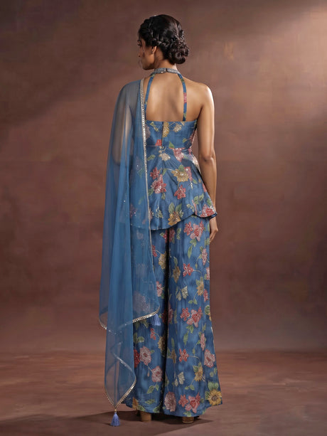 Blue organza silk floral palazzo suit with mirror embellished top