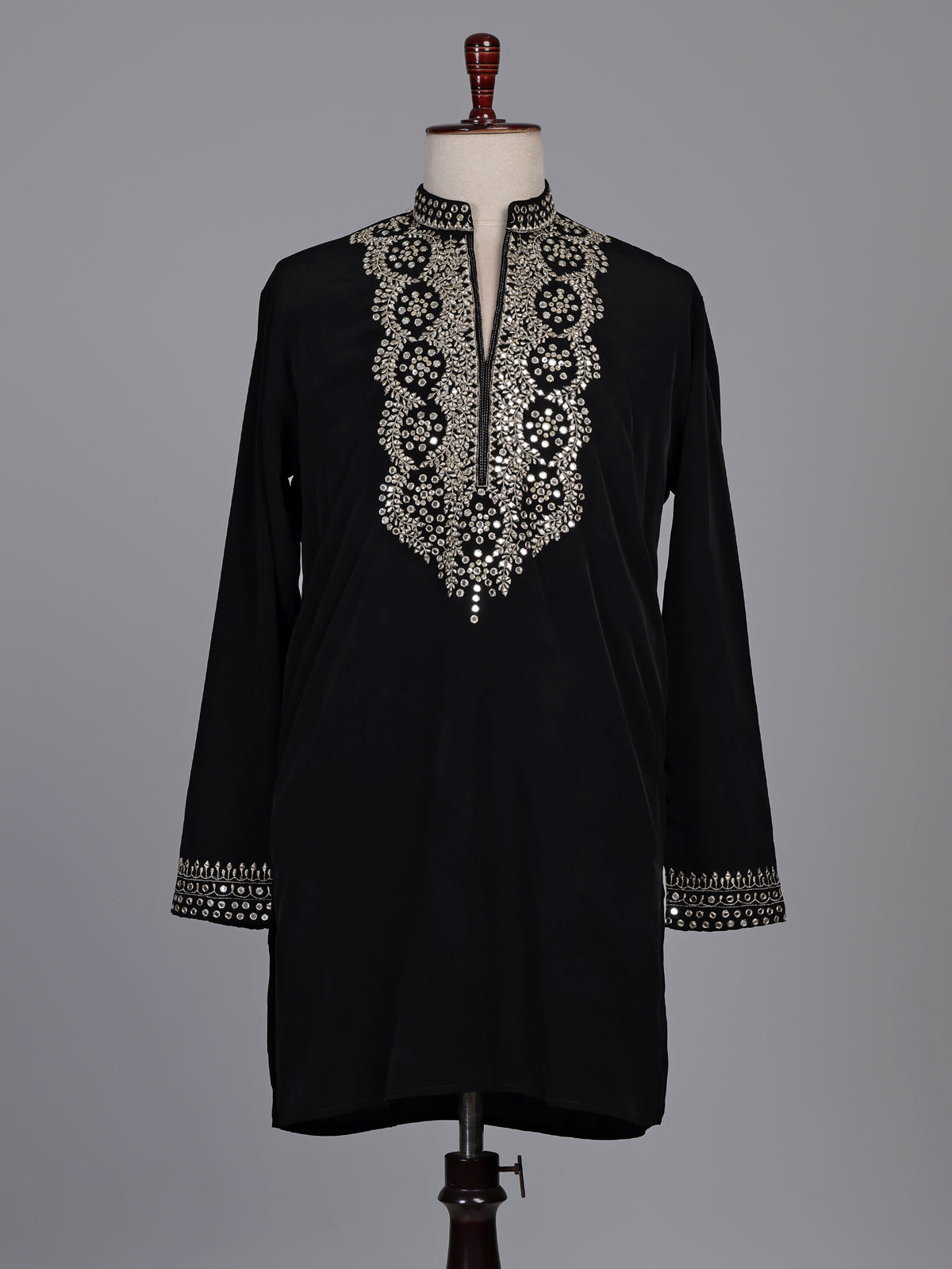 Black cotton blend kurta suit with gold mirror work