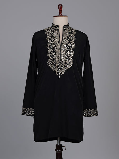 Black cotton blend kurta suit with gold mirror work