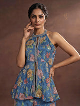 Blue organza silk floral palazzo suit with mirror embellished top