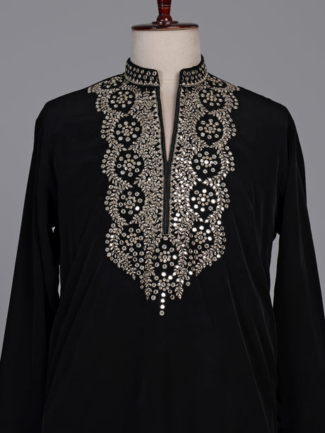 Black cotton blend kurta suit with gold mirror work
