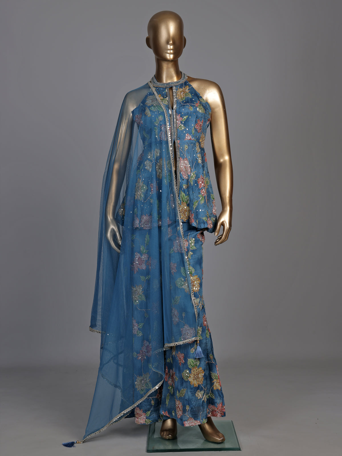 Blue organza silk floral palazzo suit with mirror embellished top