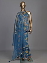 Blue organza silk floral palazzo suit with mirror embellished top