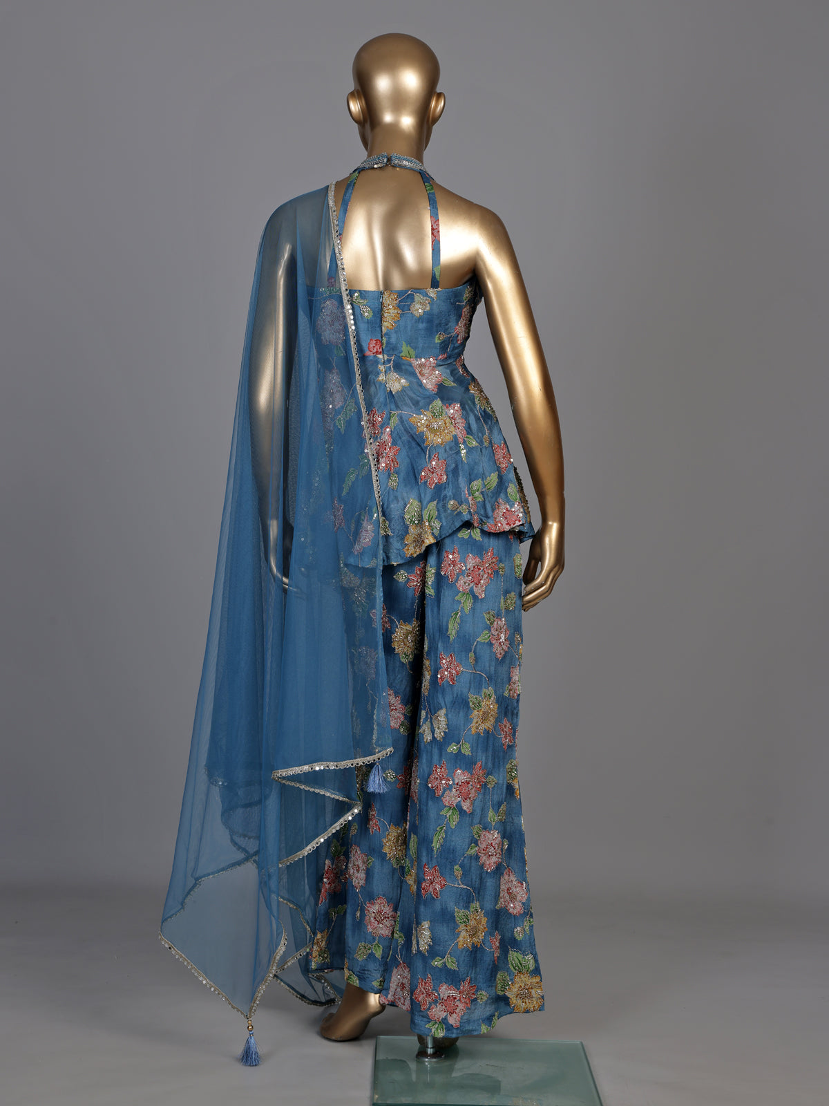 Blue organza silk floral palazzo suit with mirror embellished top