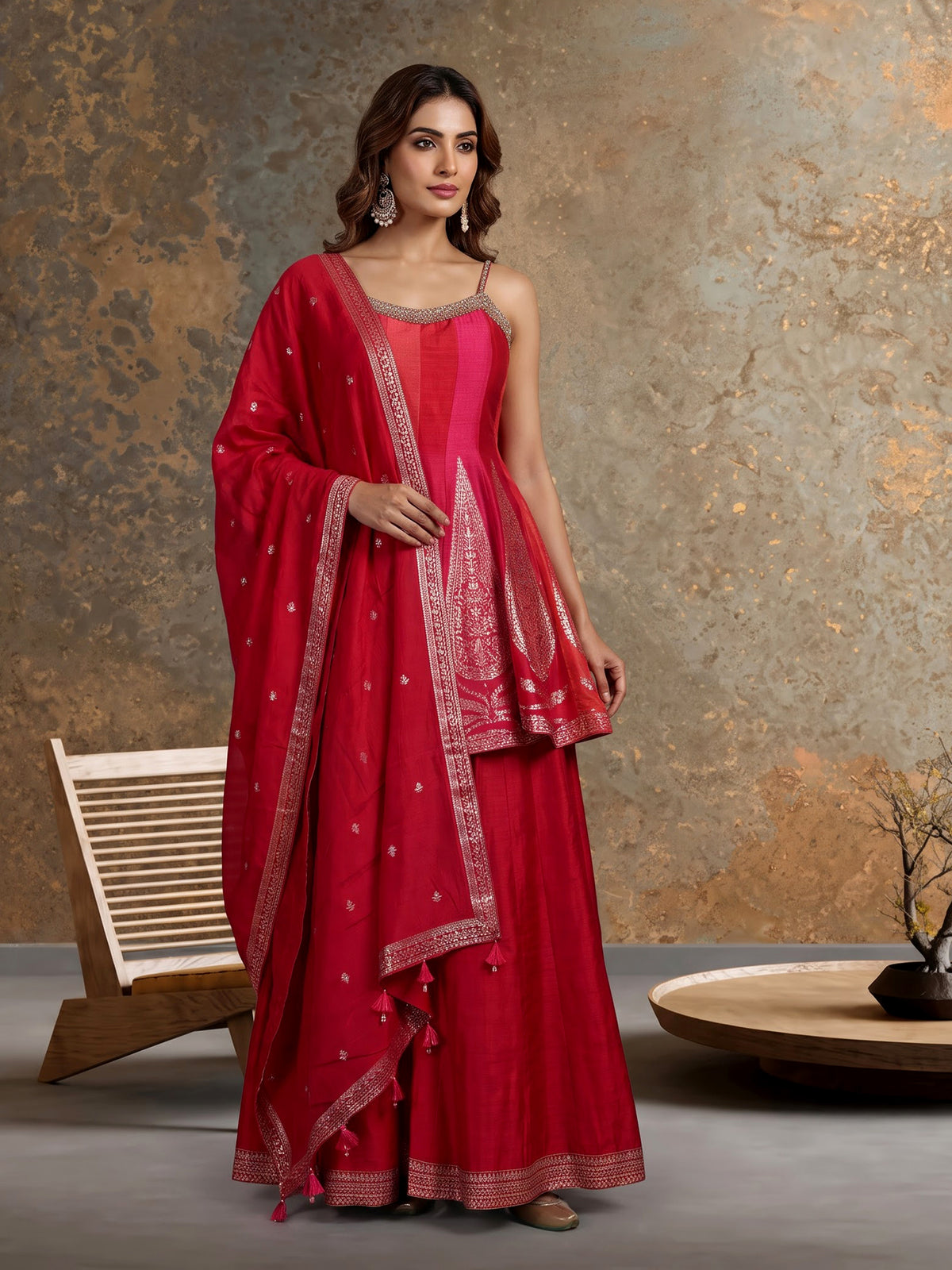 Rani pink chanderi silk anarkali suit with zardosi embellished palazzo