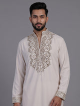 Off white short kurta suit with gold embroidered bib
