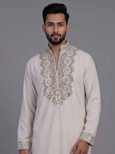 Off white short kurta suit with gold embroidered bib