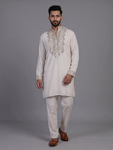 Off white short kurta suit with gold embroidered bib