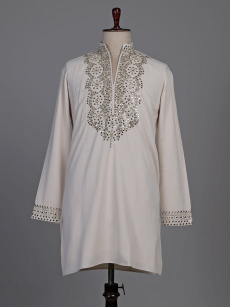 Off white short kurta suit with gold embroidered bib