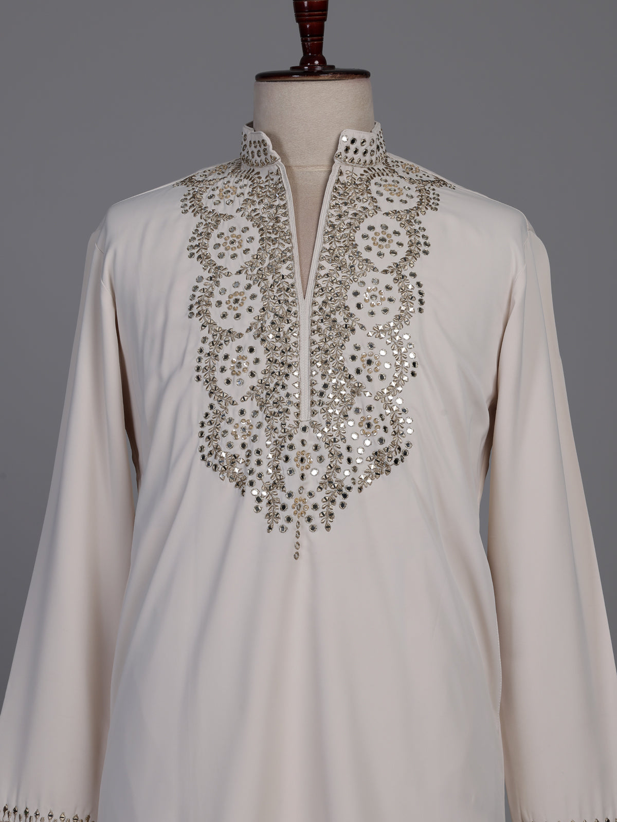 Off white short kurta suit with gold embroidered bib