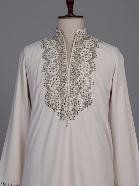 Off white short kurta suit with gold embroidered bib