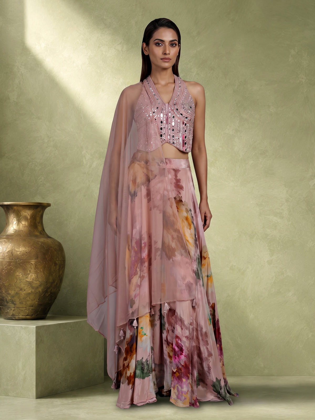 Peach silk halter neck palazzo suit with embellished top and dupatta