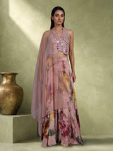 Peach silk halter neck palazzo suit with embellished top and dupatta