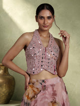 Peach silk halter neck palazzo suit with embellished top and dupatta
