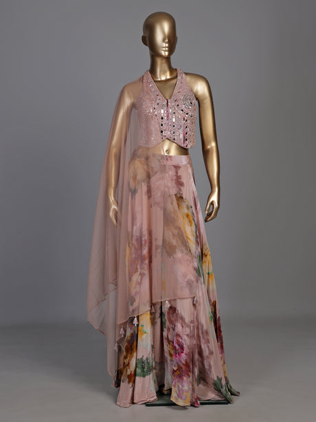 Peach silk halter neck palazzo suit with embellished top and dupatta