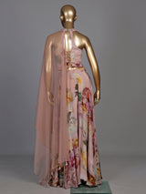 Peach silk halter neck palazzo suit with embellished top and dupatta