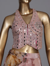 Peach silk halter neck palazzo suit with embellished top and dupatta
