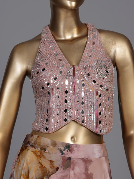 Peach silk halter neck palazzo suit with embellished top and dupatta