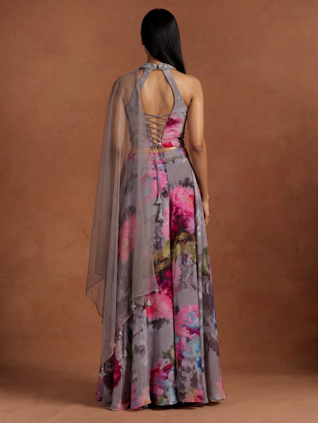 Elegant grey silk halter neck suit with floral satin palazzo