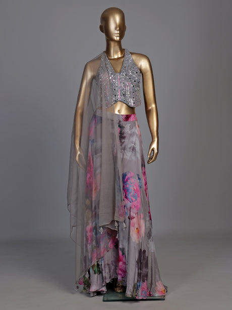Elegant grey silk halter neck suit with floral satin palazzo