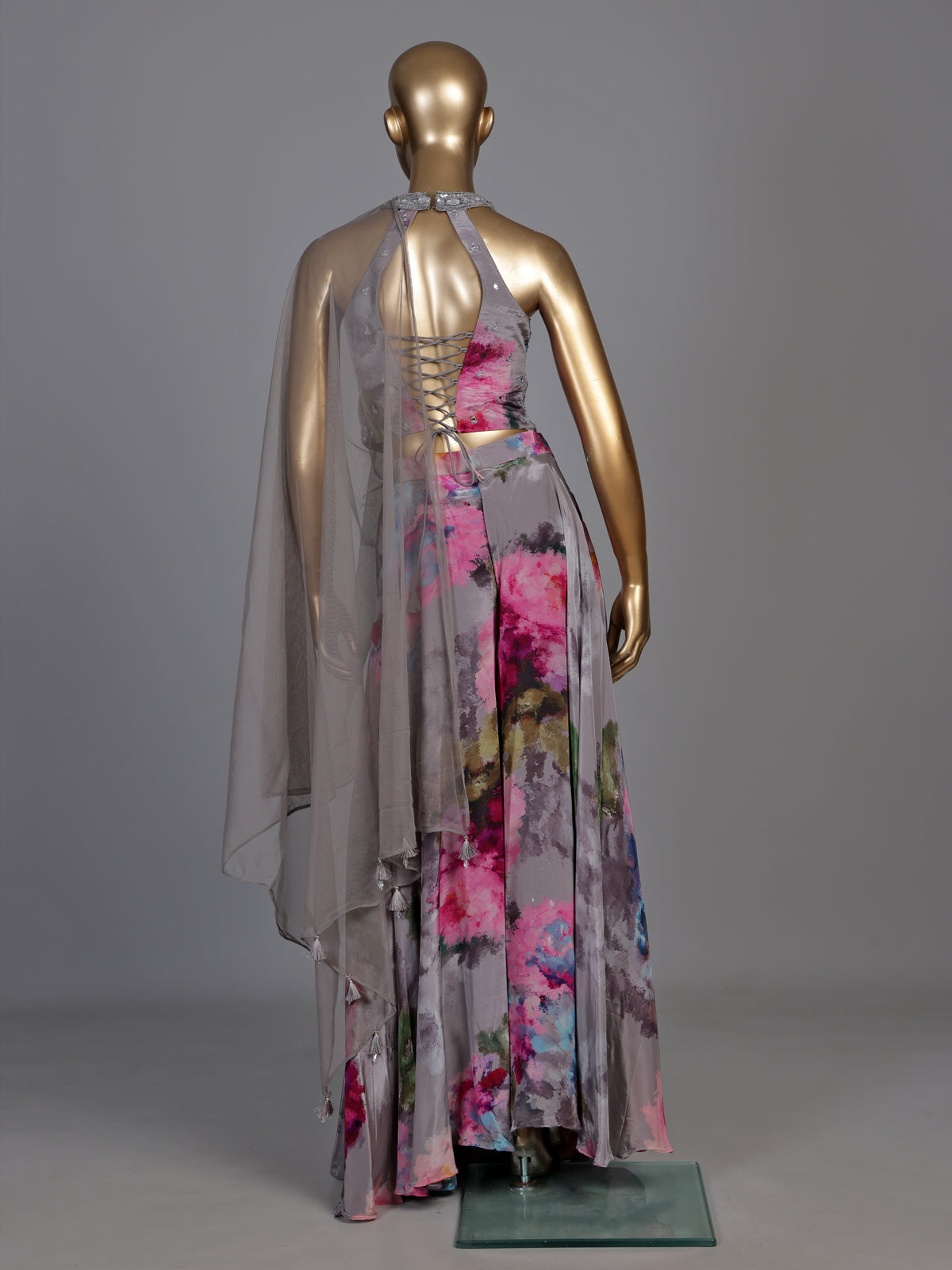 Elegant grey silk halter neck suit with floral satin palazzo