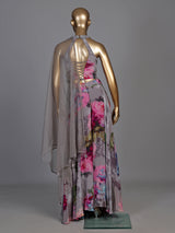 Elegant grey silk halter neck suit with floral satin palazzo