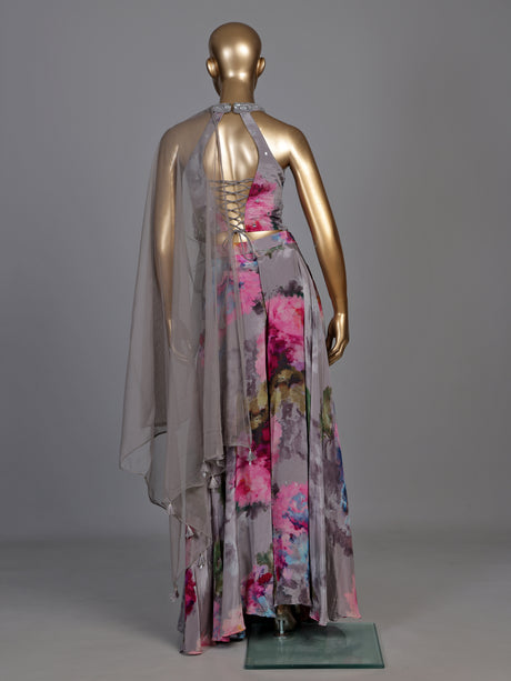 Elegant grey silk halter neck suit with floral satin palazzo