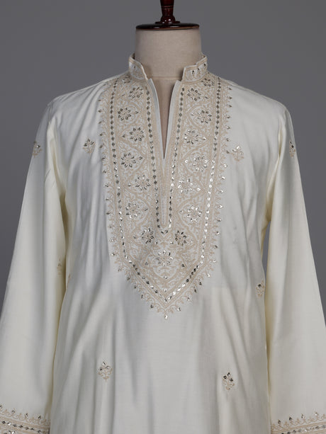 White cotton silk kurta suit with gota patti detailing