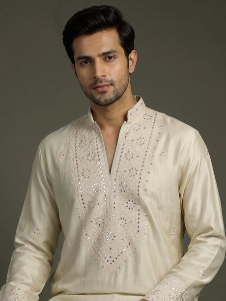 Cream cotton silk kurta suit with thread embellishments