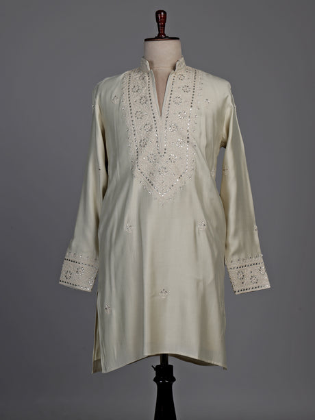 Cream cotton silk kurta suit with thread embellishments