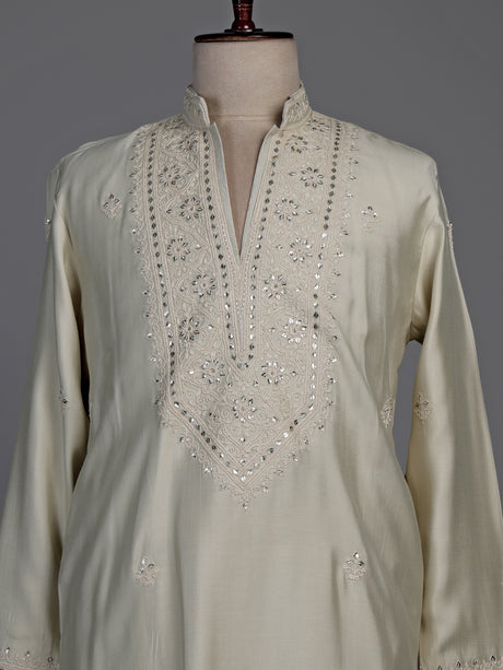 Cream cotton silk kurta suit with thread embellishments