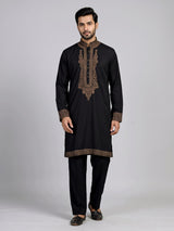 Black cotton kurta suit with antique bronze tilla embroidery