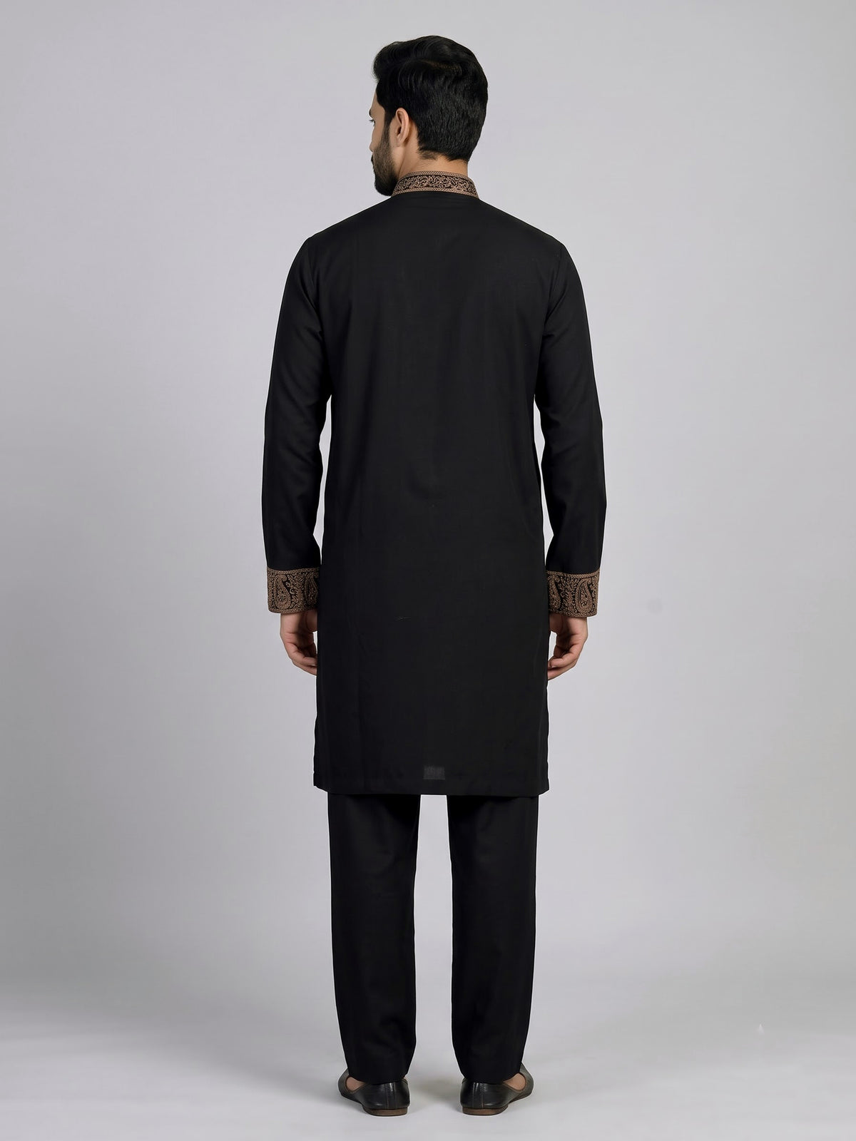 Black cotton kurta suit with antique bronze tilla embroidery