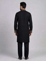 Black cotton kurta suit with antique bronze tilla embroidery