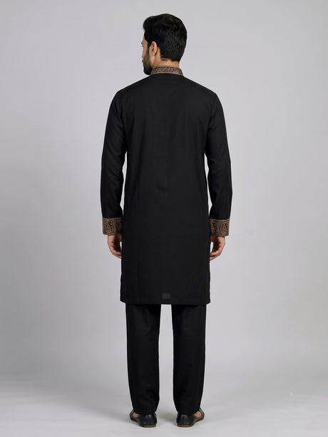 Black cotton kurta suit with antique bronze tilla embroidery