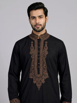 Black cotton kurta suit with antique bronze tilla embroidery