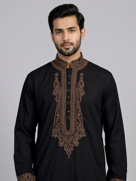 Black cotton kurta suit with antique bronze tilla embroidery