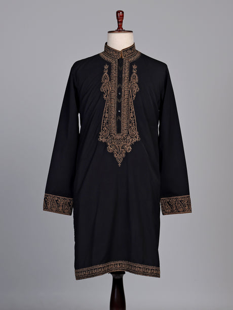 Black cotton kurta suit with antique bronze tilla embroidery