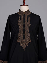 Black cotton kurta suit with antique bronze tilla embroidery