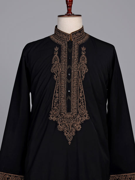 Black cotton kurta suit with antique bronze tilla embroidery