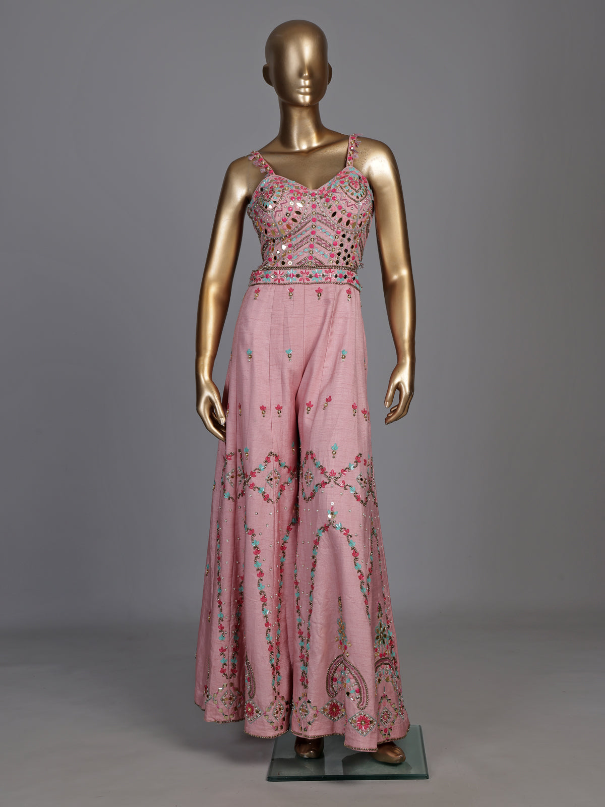 Pink raw silk designer jumpsuit with embellishments