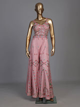 Pink raw silk designer jumpsuit with embellishments