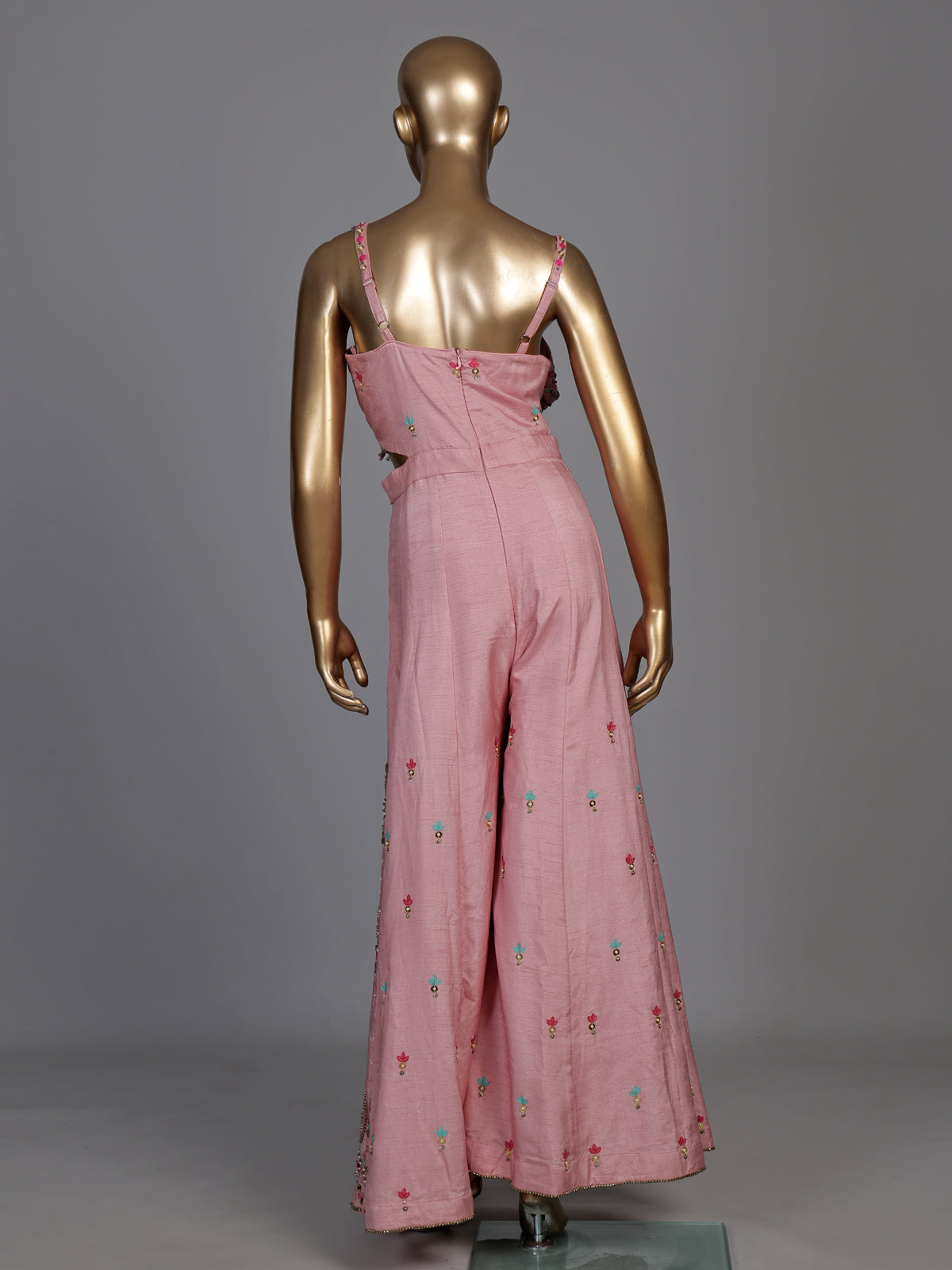 Pink raw silk designer jumpsuit with embellishments