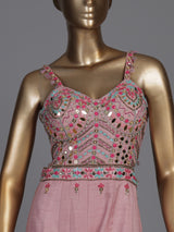 Pink raw silk designer jumpsuit with embellishments