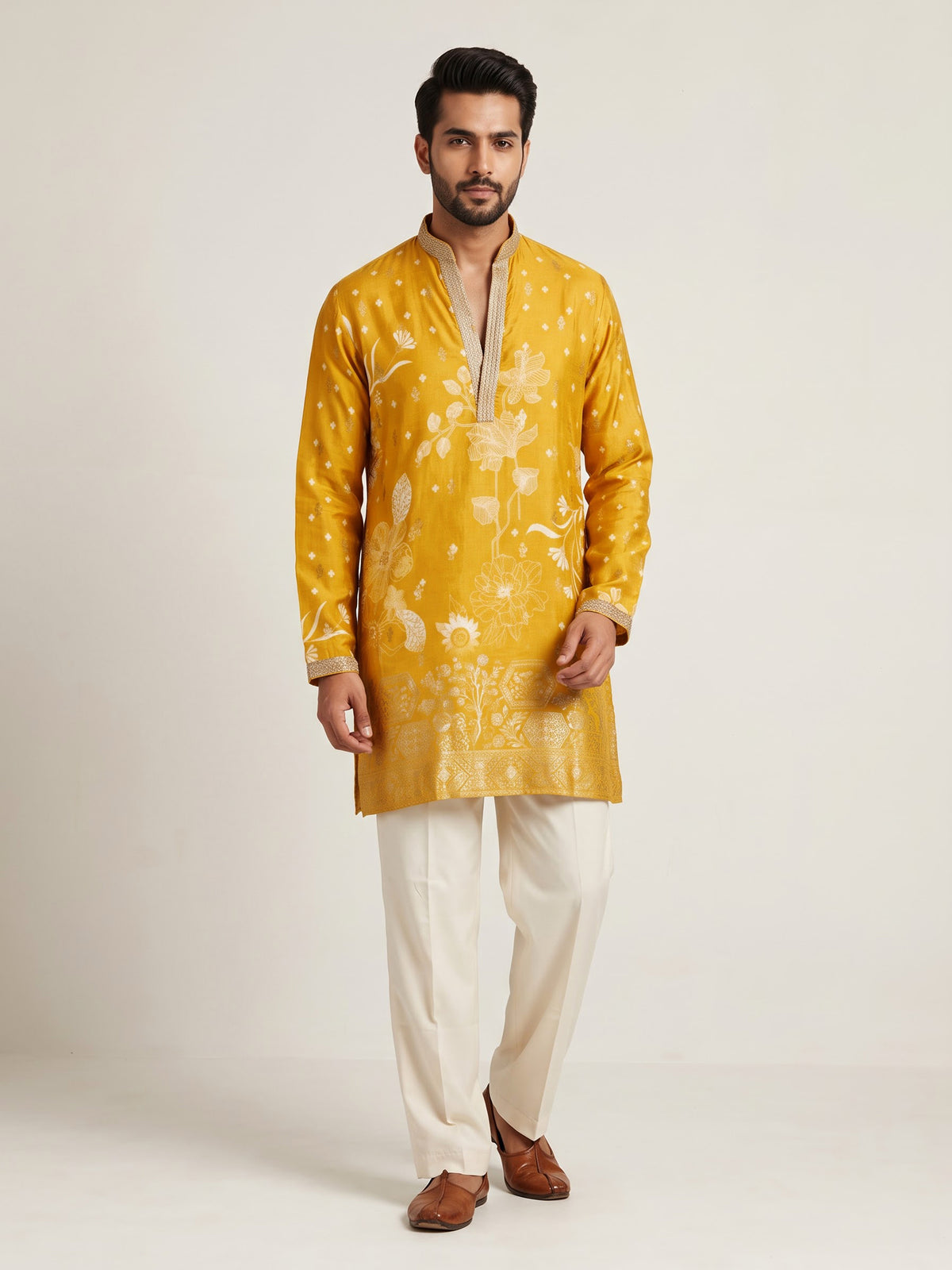 Mustard yellow silk kurta suit with white botanical motifs print