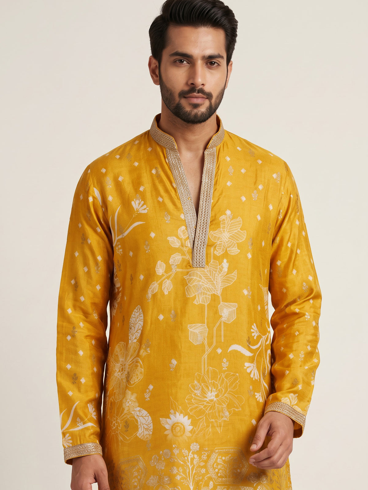 Mustard yellow silk kurta suit with white botanical motifs print
